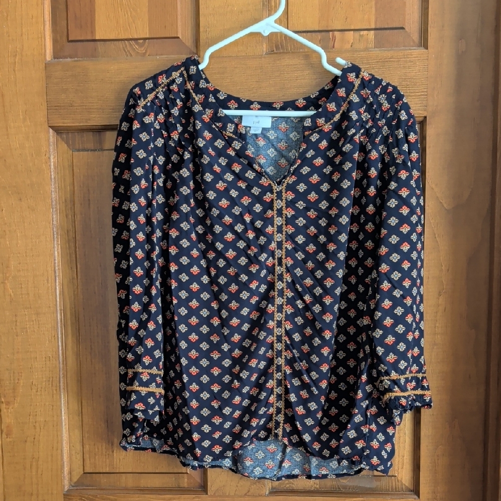 J. Jill Navy Blouse with Rust & Cream Print